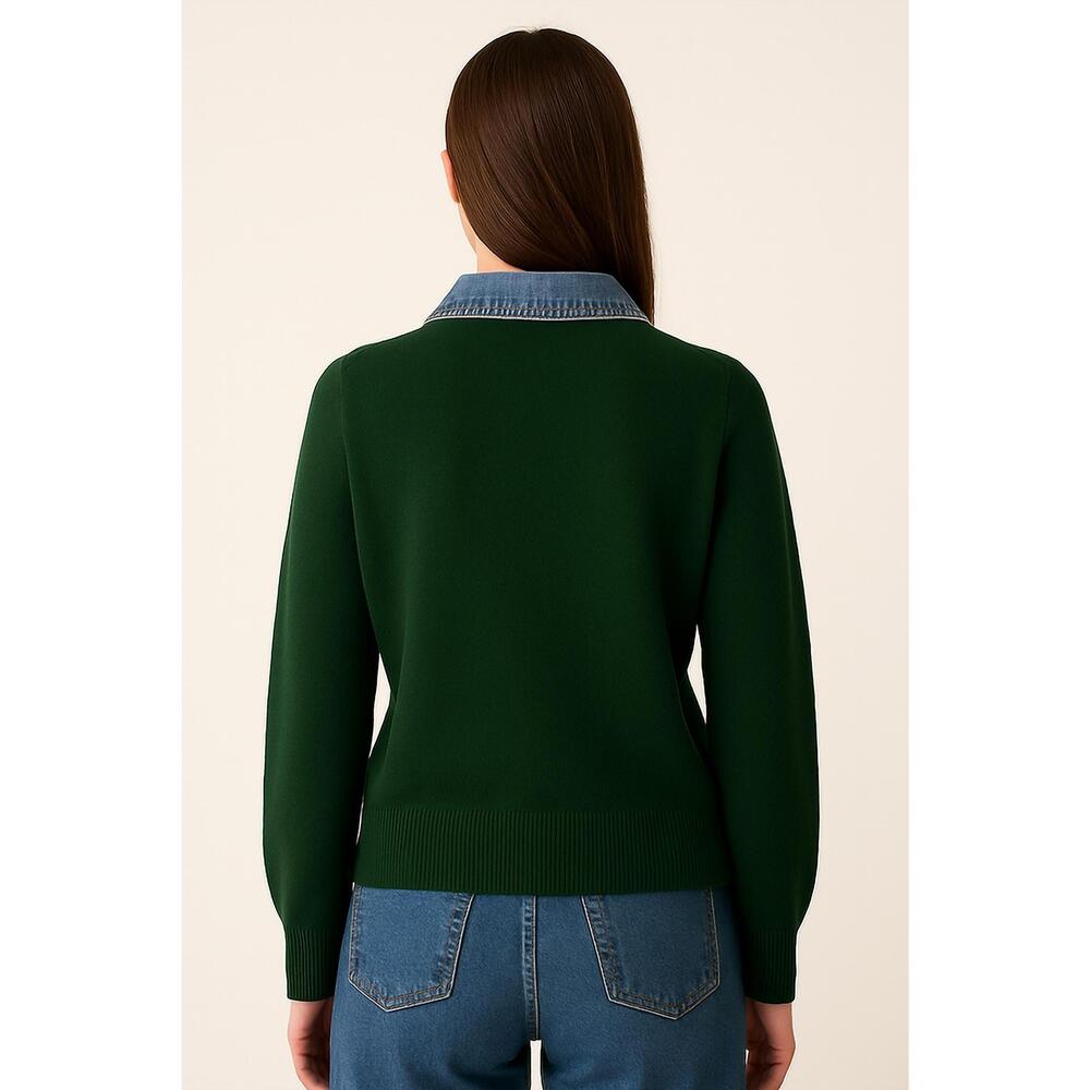 Commense Forest Green Long Sleeve Sweater with Denim Collar - Picture 4 of 4